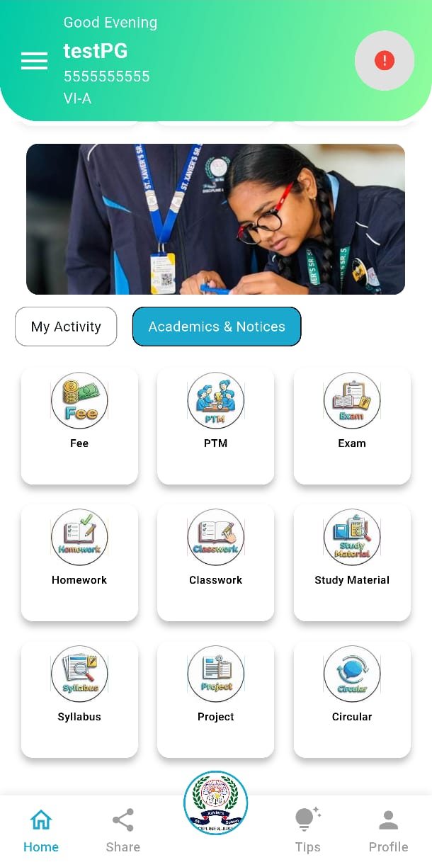 Parents app: fee, PTM, exam, homework, classwork, study material, syllabus, project, circular
