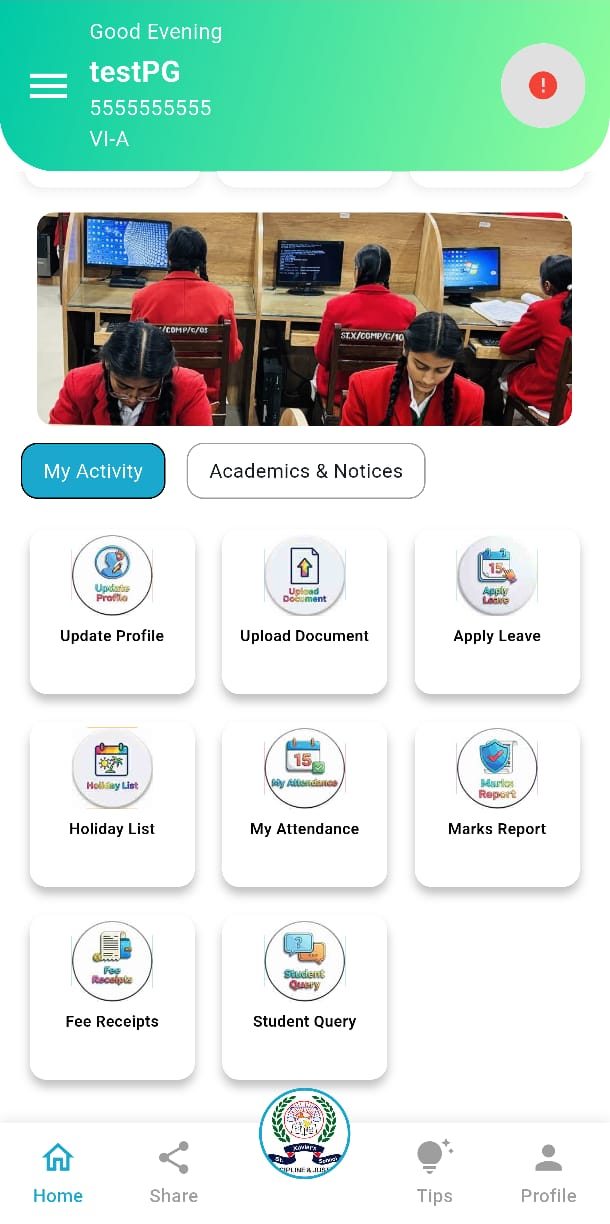 Parents app: update profile, upload document, apply leave, holiday list, attendance, marks report, fee receipts