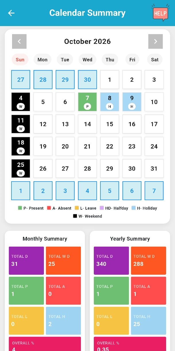 Parents app: attendance calendar with monthly and yearly summary
