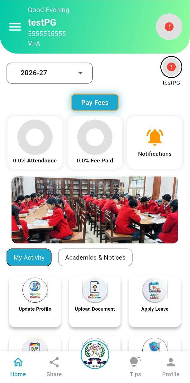 School ERP parents mobile app home screen