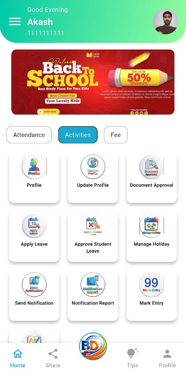 Teachers app: approve leave, manage holiday, send notification, mark entry