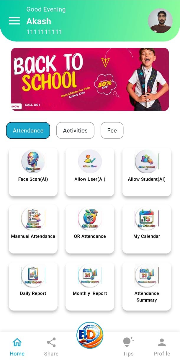 Teachers app home with attendance options and reports